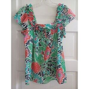 Milly of NY floral pullover top womens 4 ruffle sleeve blouse preppy colorful